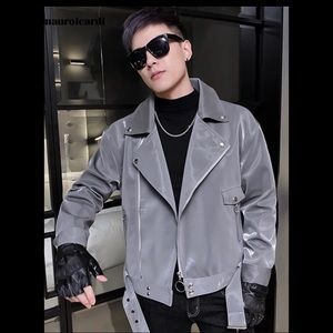 GRAY GREY MEN’s XL - Shiny Leather Vinyl Pvc pu wet look motorcycle biker jacket
